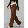 thumbnail image 6 of Women'S Contrast Color Waistband Sweatpants Wide Leg Pants with Drawstring Buckle Brown M, 6 of 8