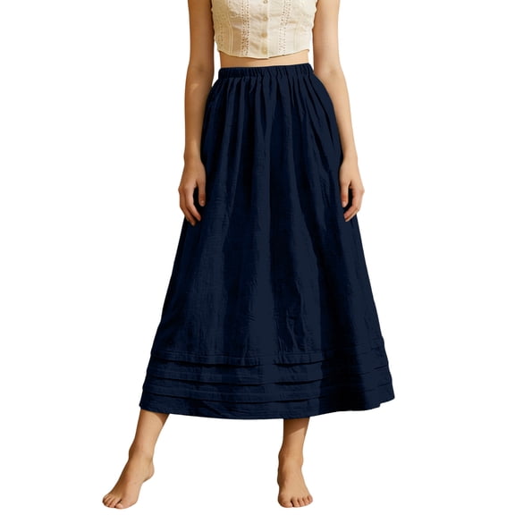 MGDXOX Women's Cotton Linen Midi Skirt Elastic Waist Casual A-Line Skirt with Hollow Out Hem Loose Flowy Swing Skirt for Women Navy M