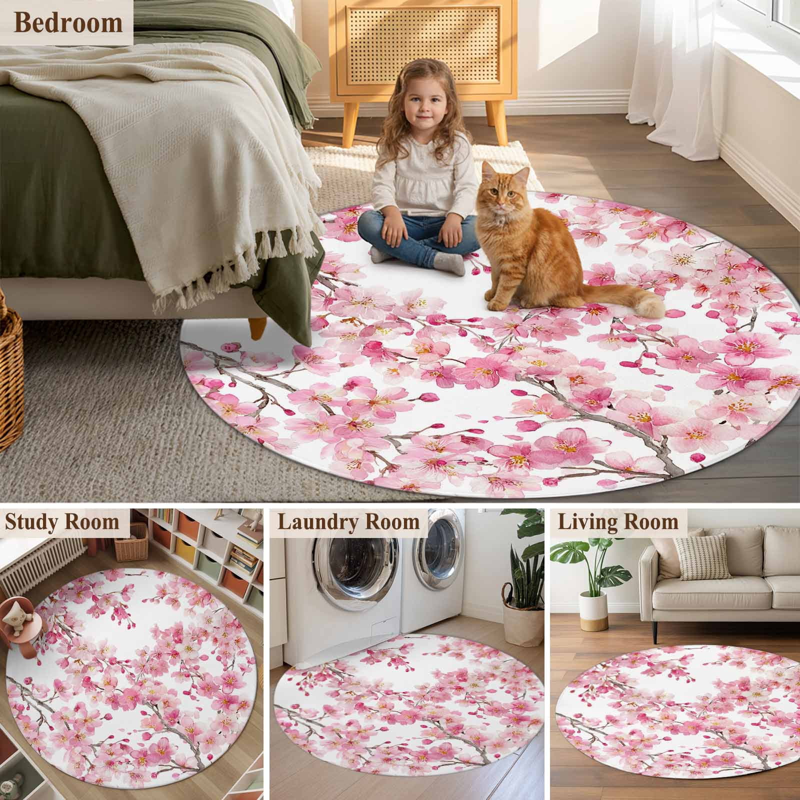 Spring Peach Flowers Round Area Rug 7Ft Washable Circle Rugs for Dorm Laundry Room, Pink Botanical Floral Leaves Branch Non-Slip Carpet Floor Mats Indoor Outdoor Carpet Runner Aesthetic Home Decor