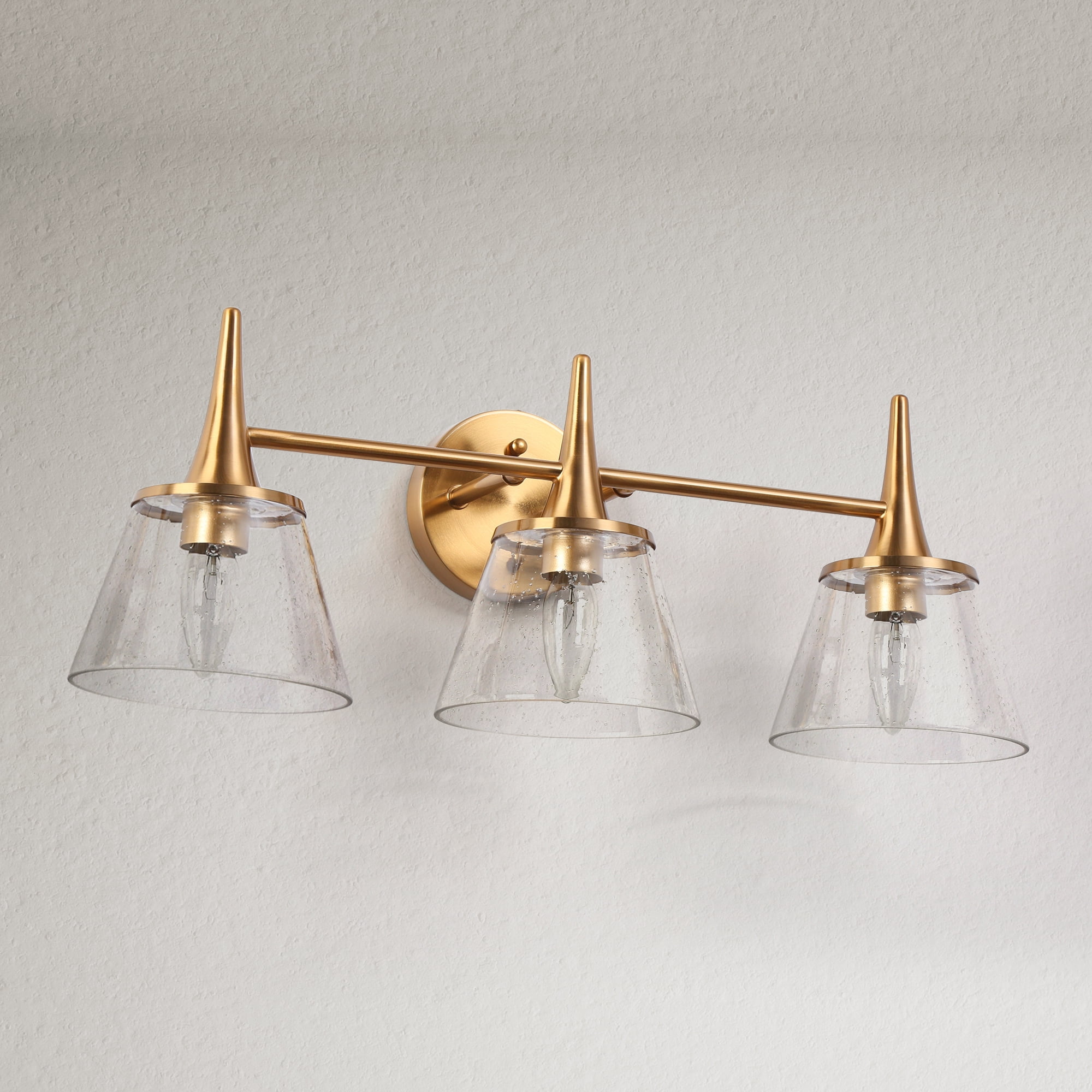 LNC Gold 3-Light Bathroom Vanity Light with Seeded Glass Conical Shades, Dimmable