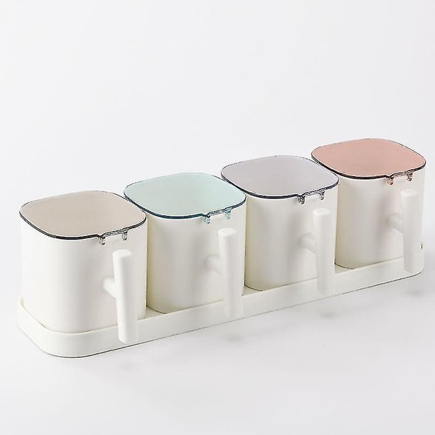 Juego de cajas de condimentos de 4 rejillas, tarros de azúcar, sal y pimienta de 4 rejillas, recipiente de almacenamiento de condimentos con cuchara pequeña