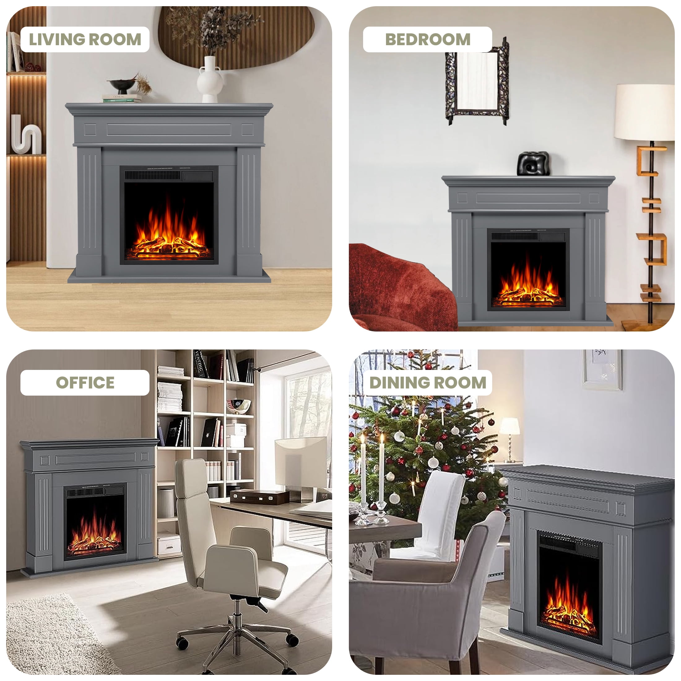 KISSAIR Electric Fireplace Mantel Package Wooden Surround Firebox TV Stand Free Standing Electric Fireplace Heater with Logs, Adjustable Led Flame, Remote Control, 750W-1500W, Grey
