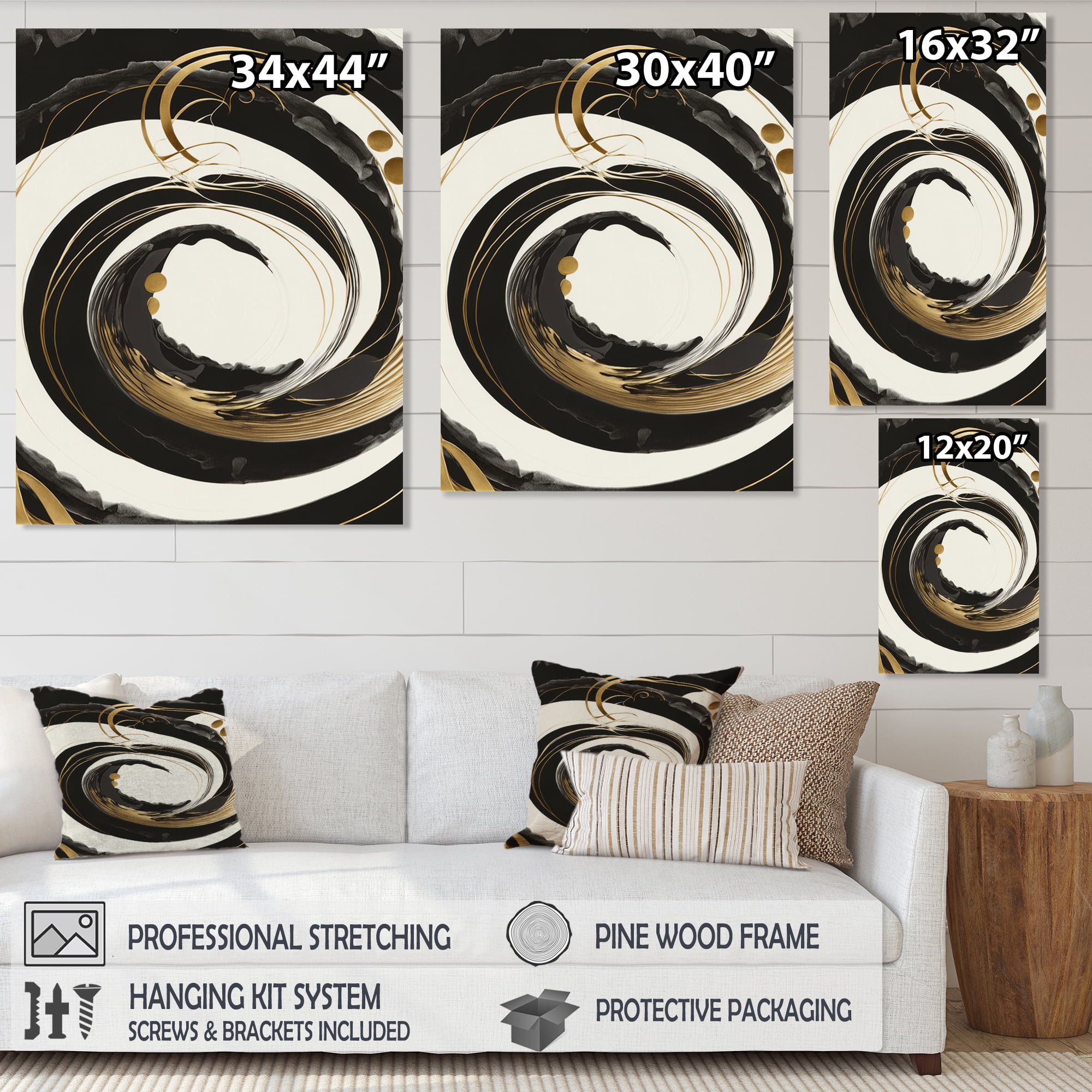 Designart Black, Silver And Gold Blending Swirls II Canvas Wall Art