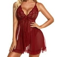 thumbnail image 4 of Puntoco Plus Size Nightdress Clearance,Women Mesh Lingerie Lace V-Neck Nightgown Babydoll Underwear Sleepwear Nightdress +Panties Wine XXL(XXL), 4 of 6