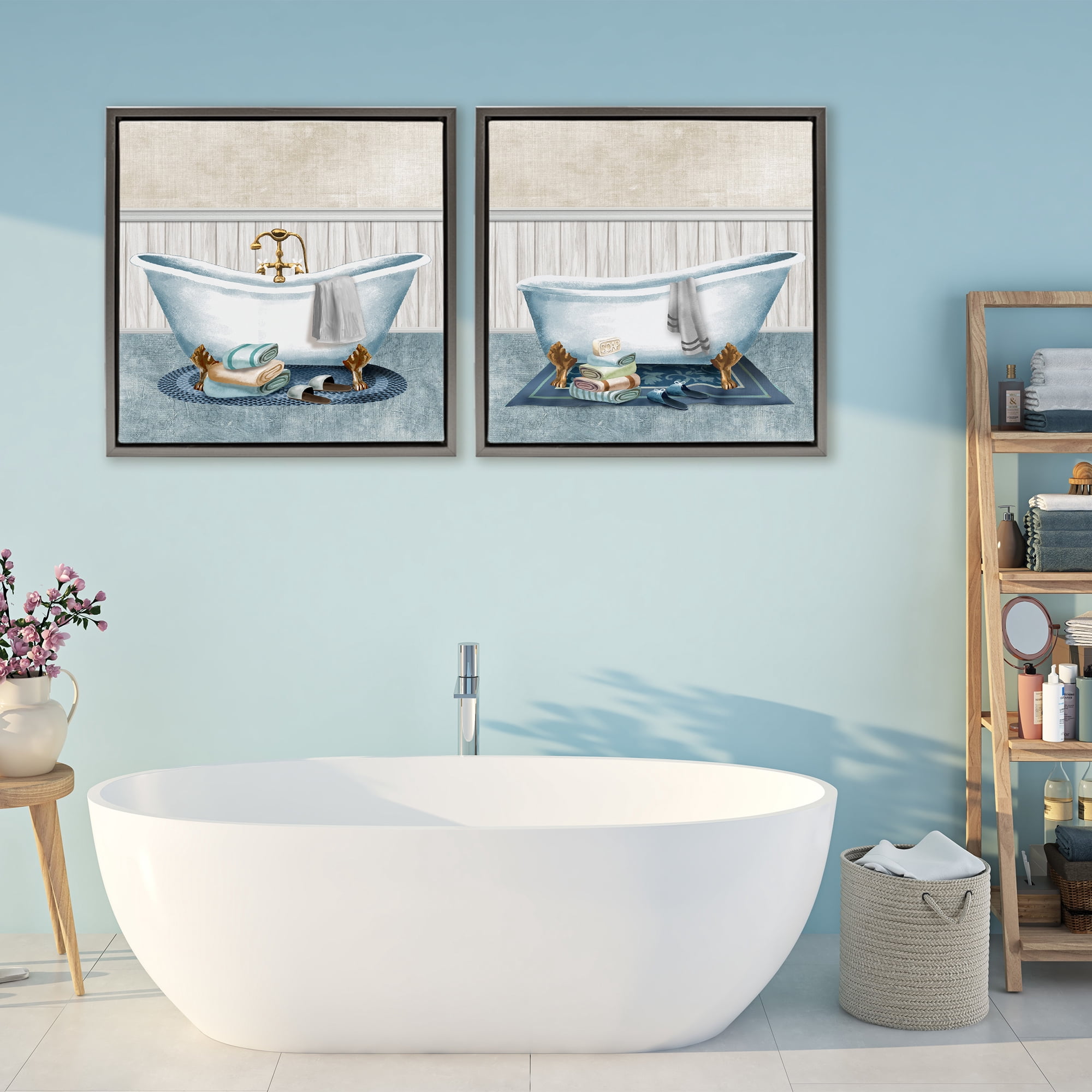 Stupell Industries Cozy Bathtub & Slippers 2 Piece Gray Framed Floater Canvas Set, design by Conrad Knutsen