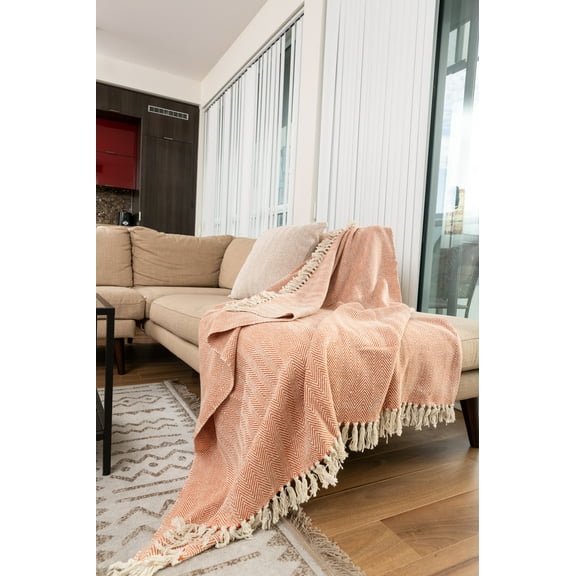 Fabstyles Herringbone Stripe Cotton Throw with Fringe, Lightweight Breathable Throw Blanket
