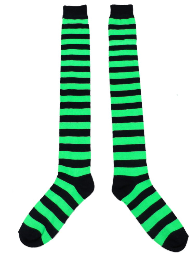 My Halloween Womens Long Neon Green & Black Striped Over the Knee Socks ...