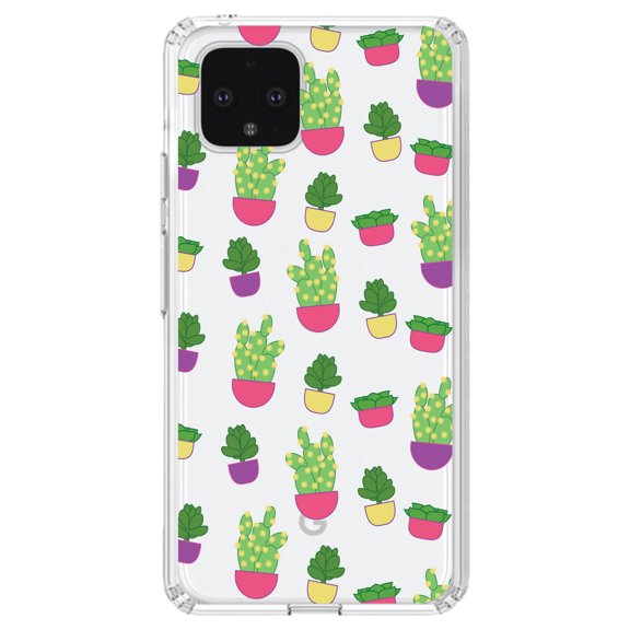 DistinctInk Clear Shockproof Hybrid Case for Google Pixel 4 (5.7" Screen) - TPU Bumper, Acrylic Back, Tempered Glass Screen Protector - Succulents / Cacti