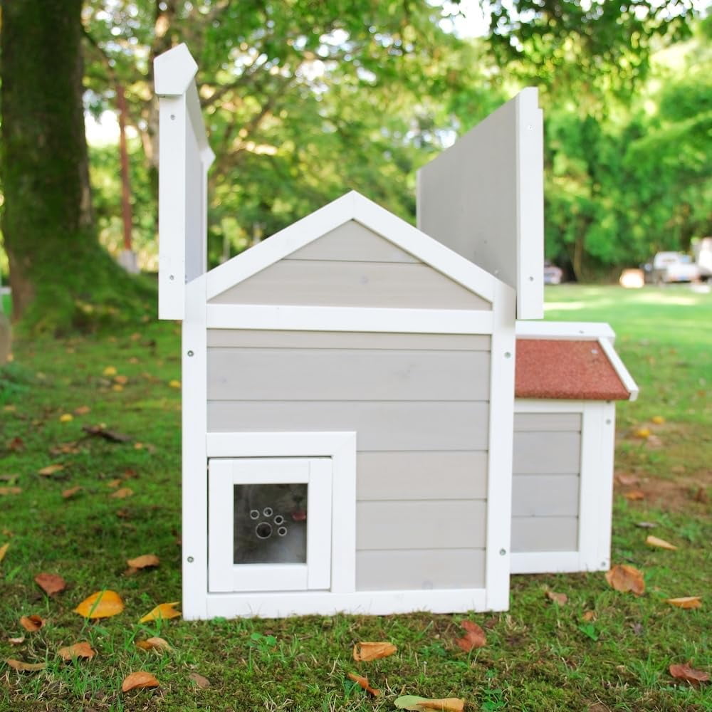 Feral Cat House for Outdoor Cat Enclosure Winter Double Rooms Weatherproof with Openable Roof