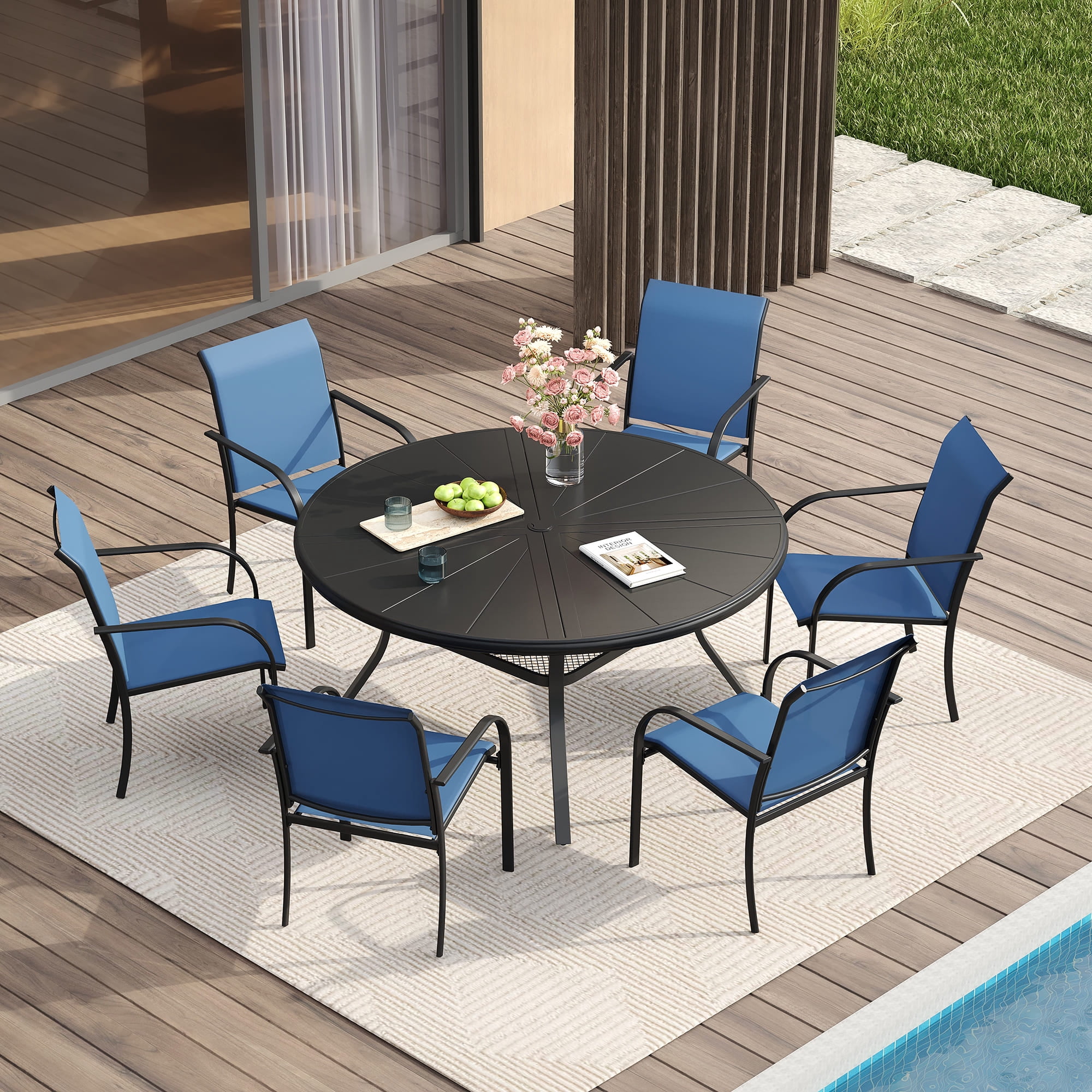 Vicllax Outdoor Dining Chair Patio Chairs Stacking Metal Modern for Deck Garden, Set of 6, Blue