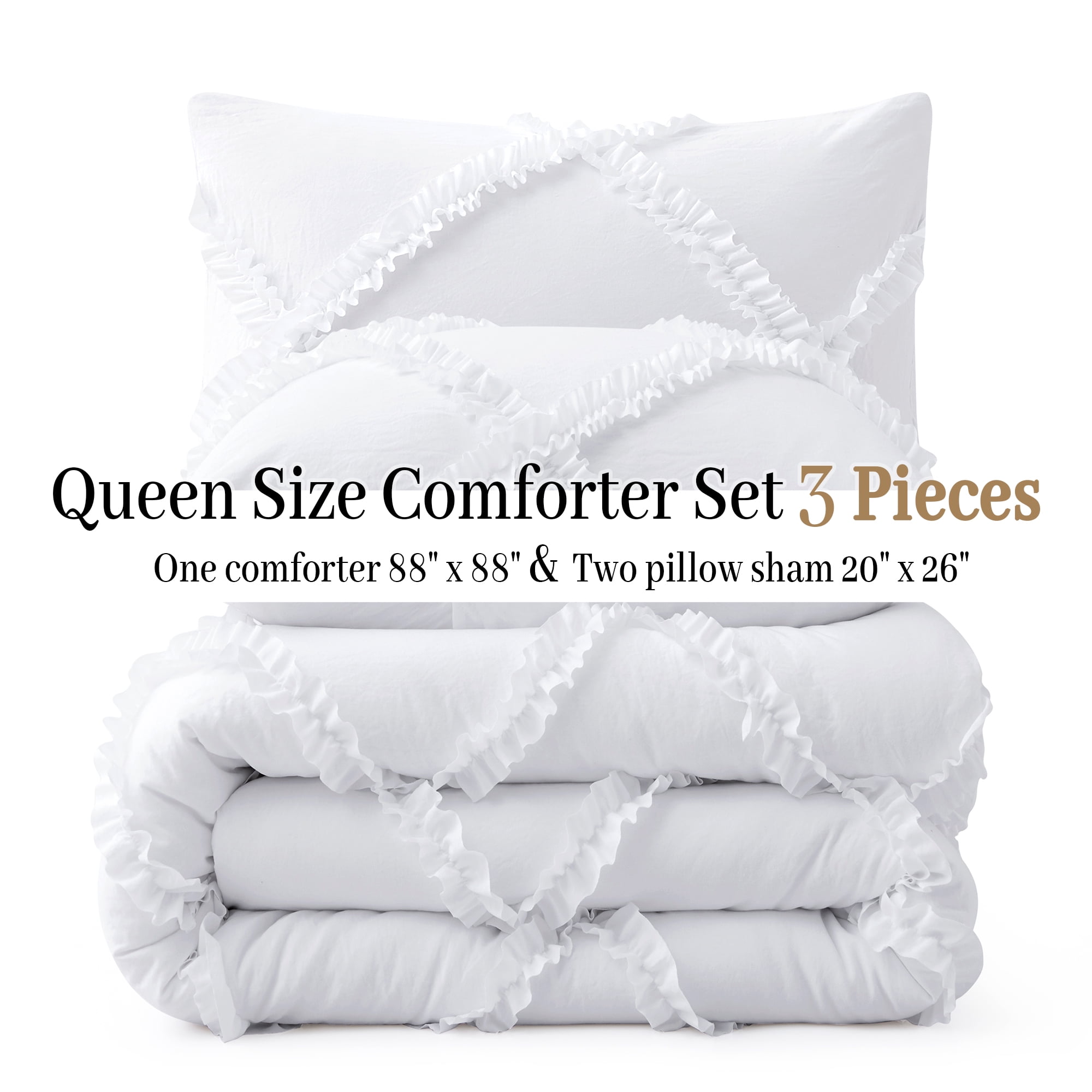 Comforter Set Queen Size Bedding – 3 Piece Farmhouse Bedding Set Ruffle & Lightweight Comforter and Pillow Case Vintage Bedding for Bedroom as Home Bed set Boho Chic Comforter for Luxury Comfort