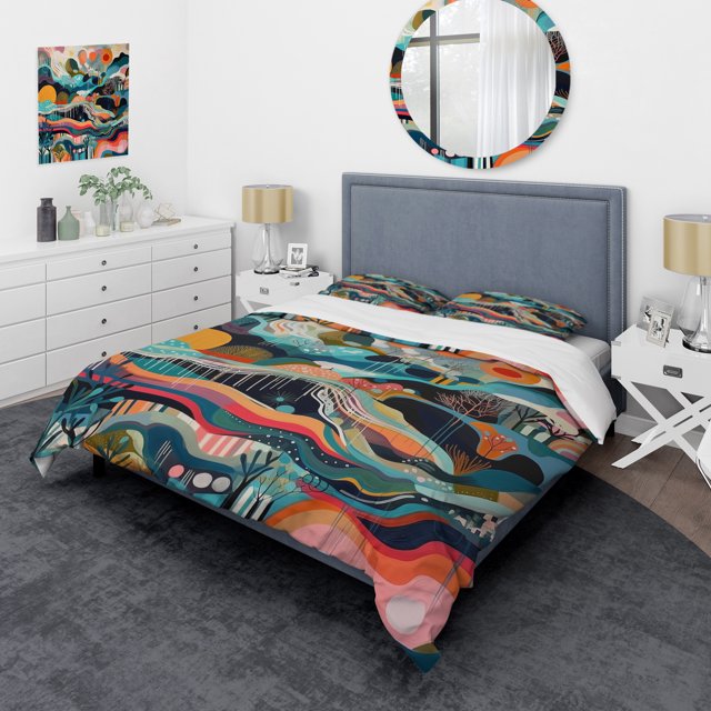 Designart "Aqua and Leaf Fusion" Minimalism Bedding Covert Set - Abstract Minimalism Blue Abstract Bed Set With 2 Shams