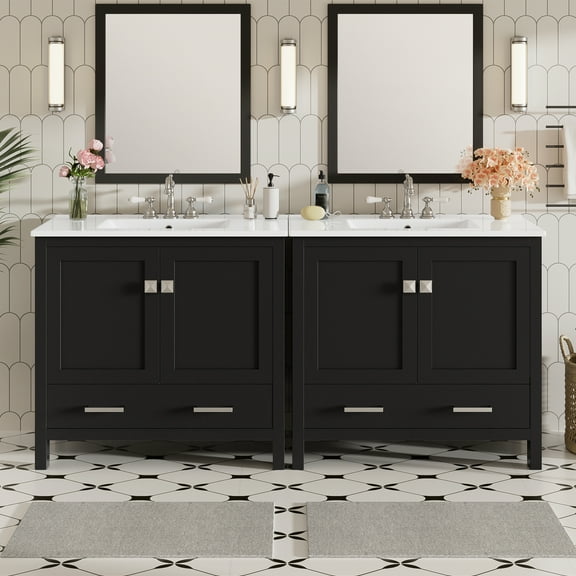 Euroco 72" Black Bathroom Vanity with Ceramic Sink, Soft-Close Doors, Double Storage Shelves & Divided Drawer – Modern Bathroom Cabinet with Ample Storage