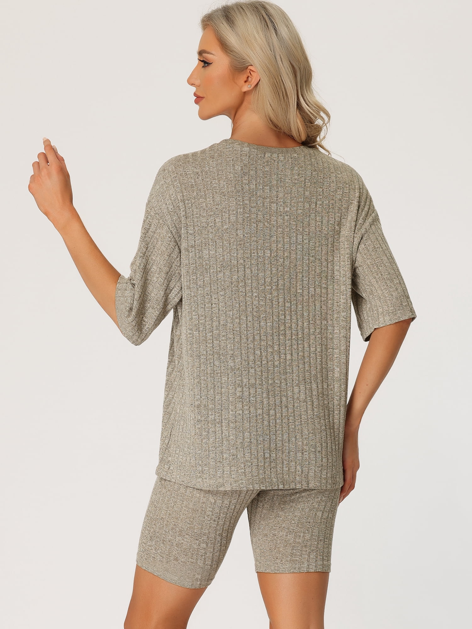 DARING DIVA Women's 2-Piece Knit Soft Tracksuit Short Sleeve Sweatshirt Set L Khaki