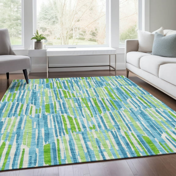 Addison Rugs Chantille Indoor/Outdoor Transitional Lines Aqua Washable Rectangle Rug, 8' x 10'
