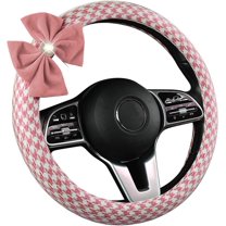 Houndstooth Bow Steering Wheel Covers Cute Beautiful Bow Pretty Steering Wheel Cover for Women Universal Fit 14.5-15 Inches Car Steering Wheel, Bow-Pink