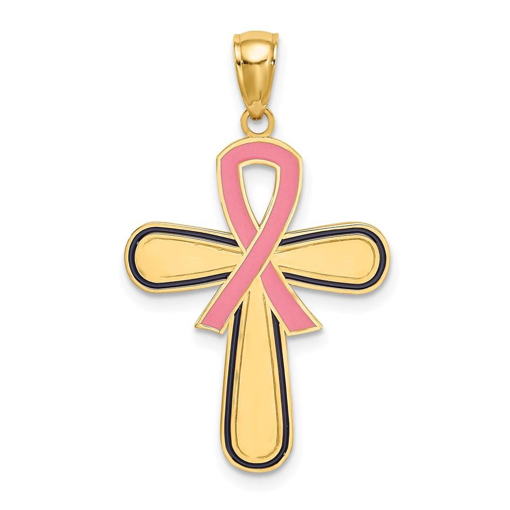 14K Two-Tone Gold Breast Cancer Awareness Pink Ribbon Latin Cross Charm Pendant