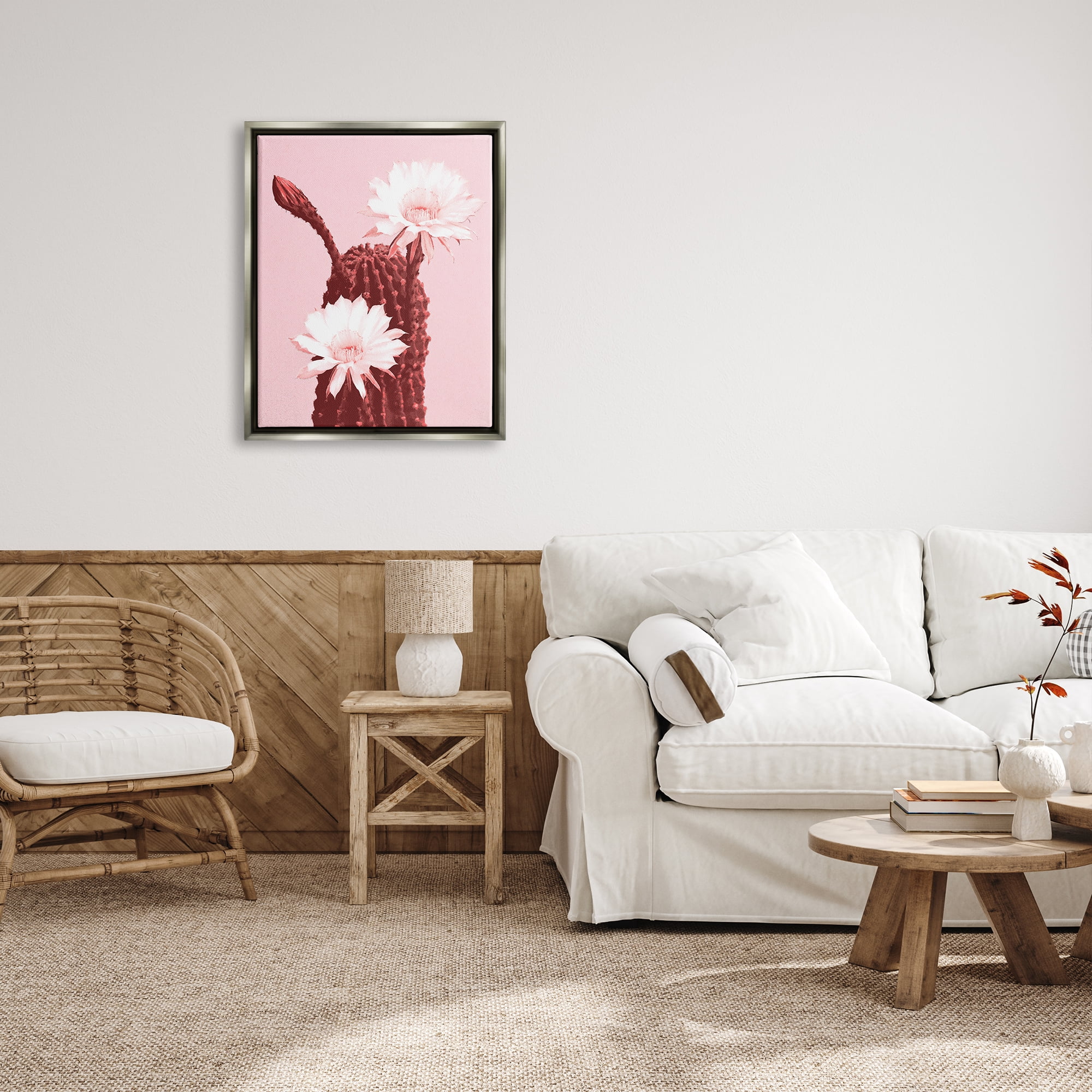 Stupell Industries Pink Cactus Flowers Botanical & Floral Painting Gray Floater Framed Art Print Wall Art, 25 x 31