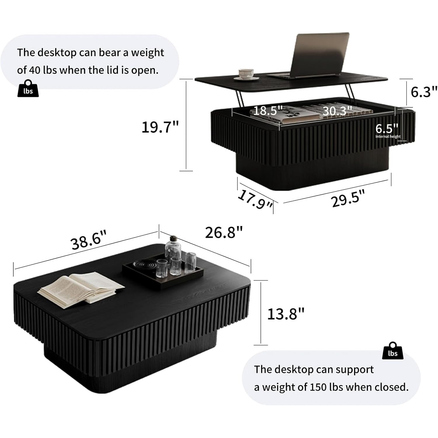 BMJDM Mid-Century Lift Top and Storage Solid Wood and MDF Coffee Table with Hardware and Installation Instructions, Black