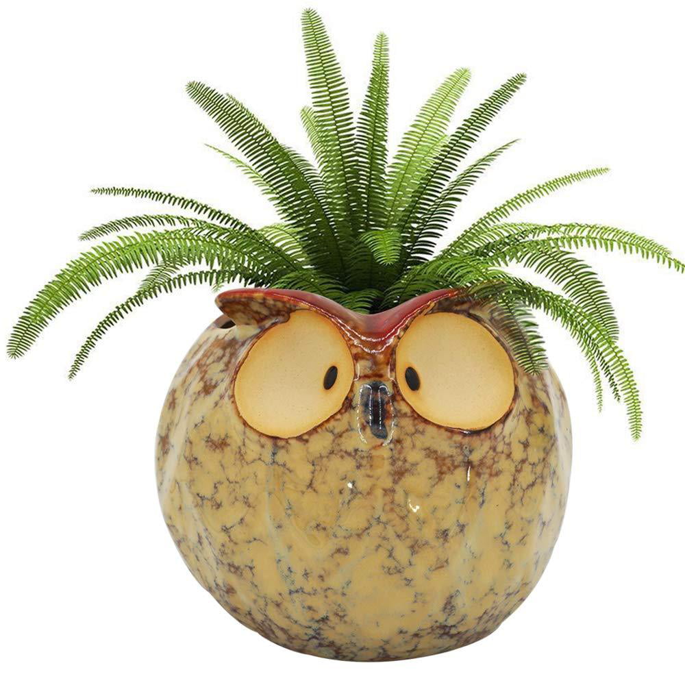 GeLive Owl Planter Ceramic Succulent Plant Pot Fun Animal Flower Container Decoration Windowsill Box with Drainage Hole Fat Owl Planter 