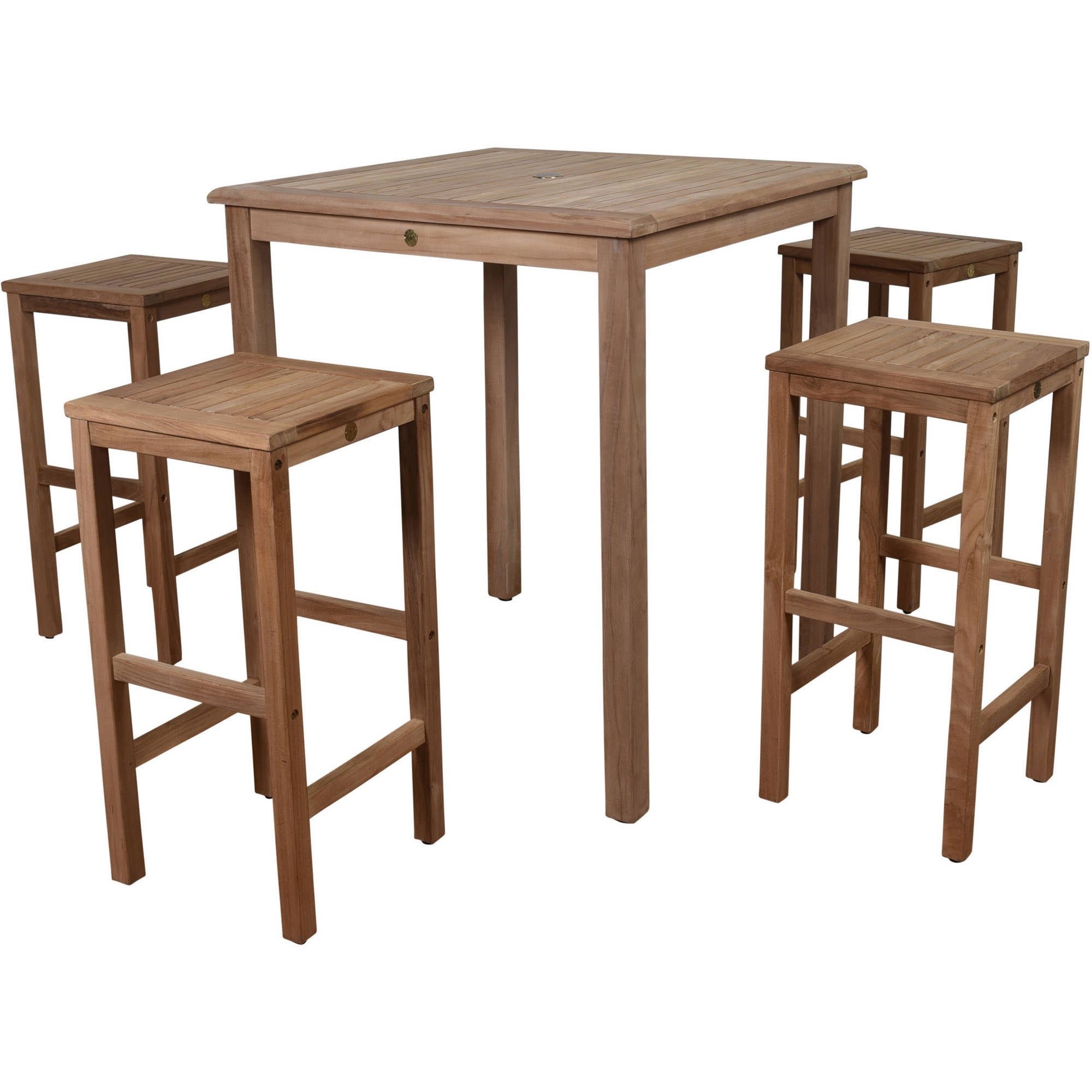 Amazonia Ares Bar Table Set With 4 Texas Teak Wood Barstools, Brown