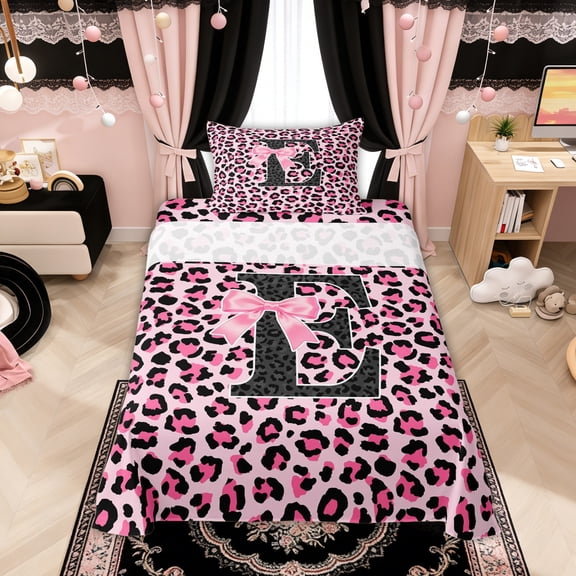 Manfei Pink Leopard Print Bow Letter E Twin Sheet Sets for Girls, Fashion Initial Bedding, 3pcs