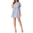 thumbnail image 4 of STARVNC Women Vertical Stripe Print V Neck Tie Waist Short Sleeve Mini Dress, 4 of 4