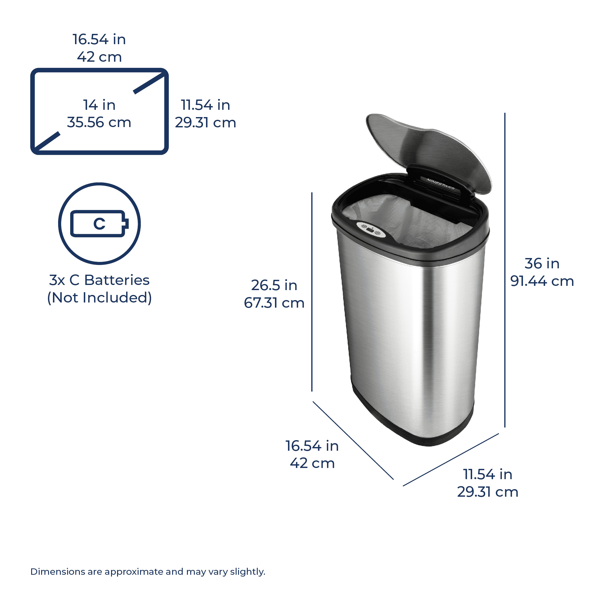 Nine Stars Automatic Kitchen Trash Can, 13 Gallon Stainless Steel, Motion Sensor Hands free Soft Close Lid Garbage Bin, Silver