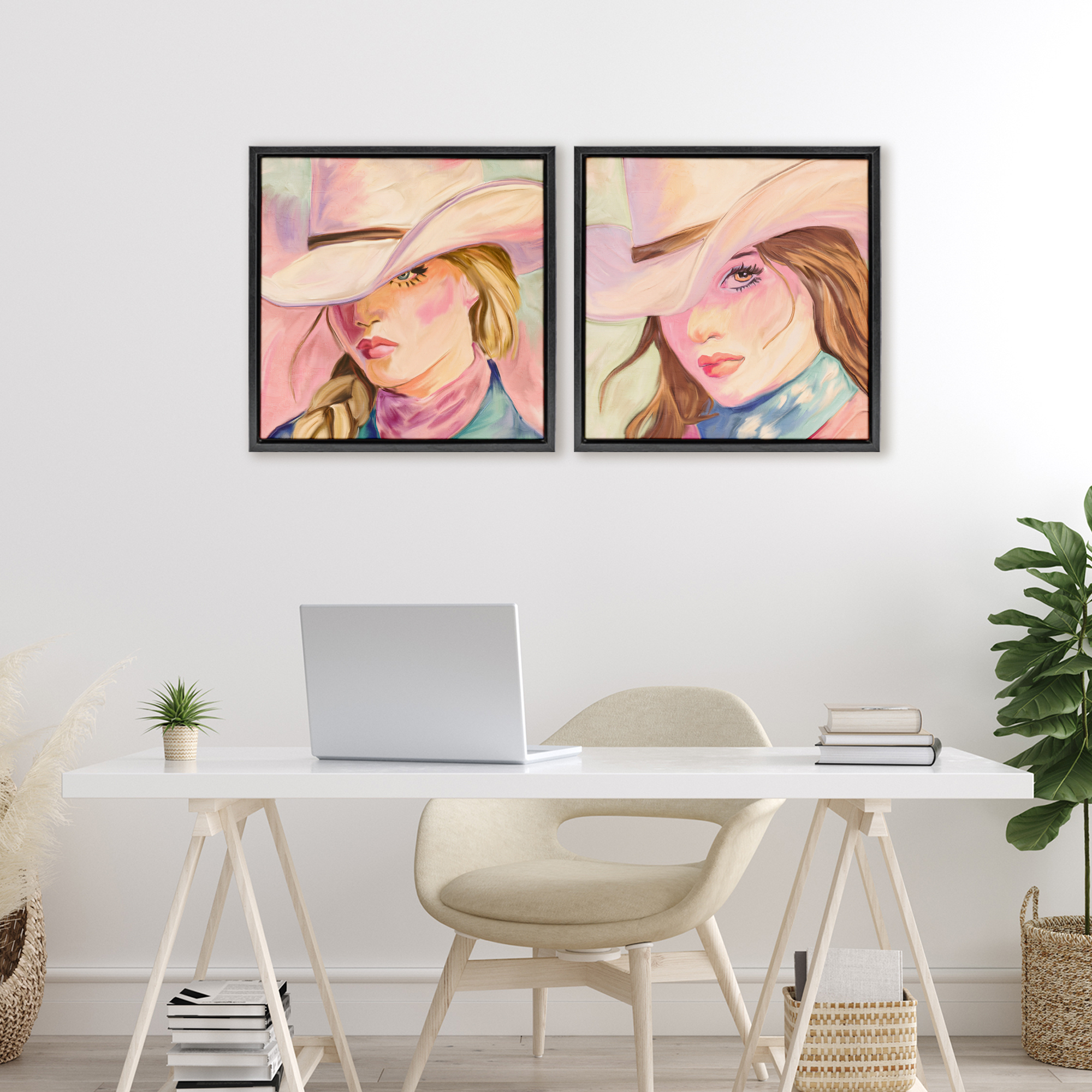 Pastel Cowgirls Gazing 2 Piece Black Framed Floater Canvas Set, design by Kim Allen