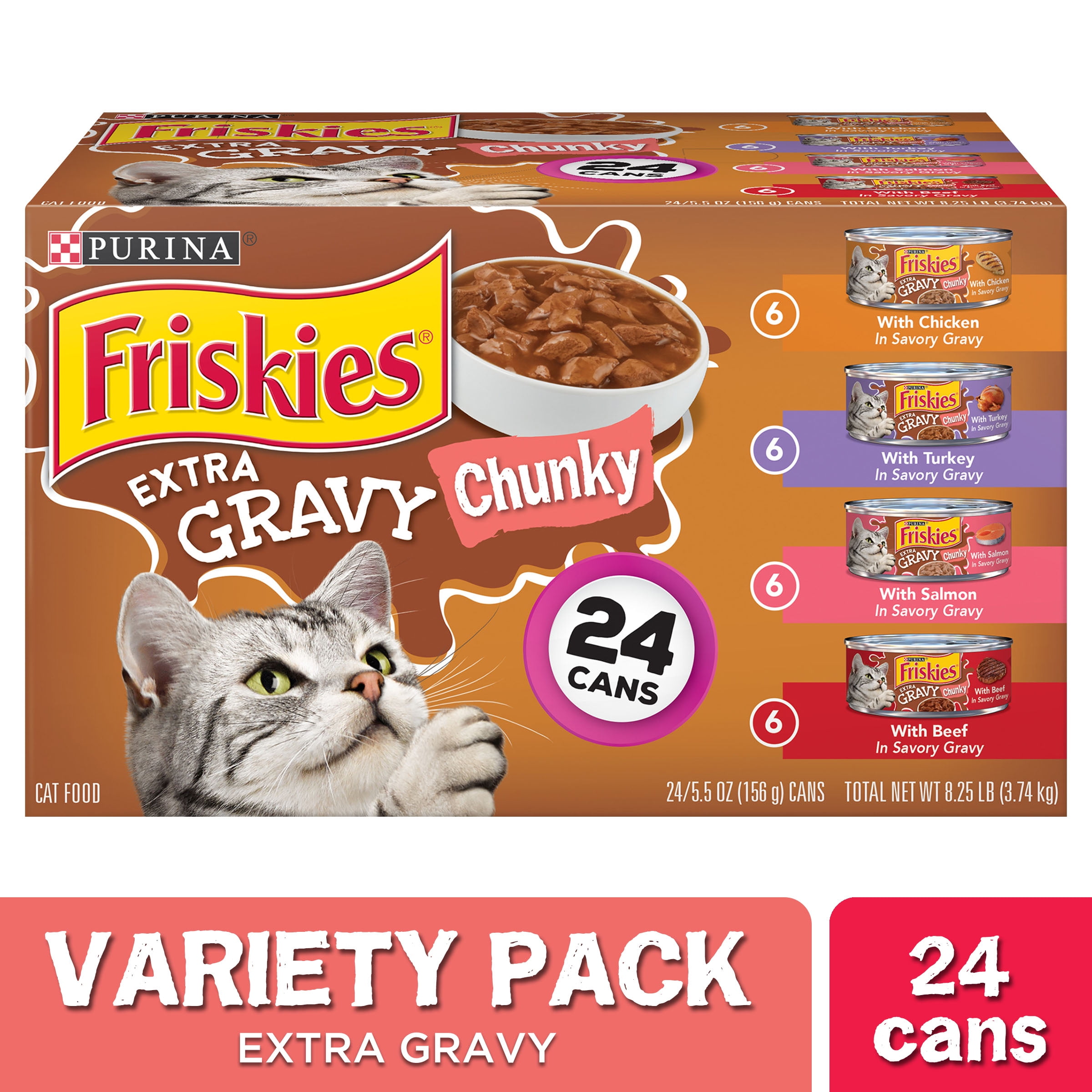(24 Pack) Friskies Gravy Wet Cat Food Variety Pack, Extra Gravy Chunky