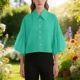 thumbnail image 4 of Staron Women's Spring Summer Casual Shirt Short Sleeve Button Up Collar Blouse Top Fashion Basic Comfy Relaxed Loose Fit with Pockets, Green L, 4 of 7