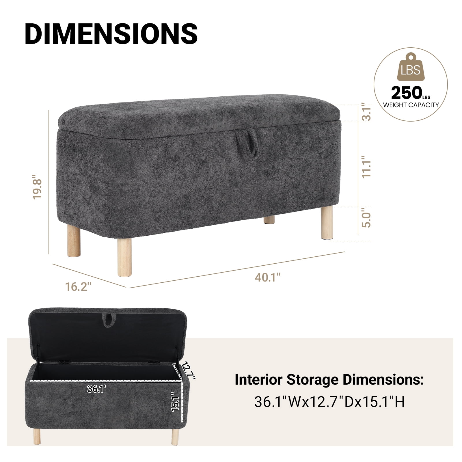AFO 40" Storage Ottoman Bench, Large 80L End of Bed Bench with Safety Hinge, Upholstered Footrest for Bedroom Living Room Entryway, Dark Gray