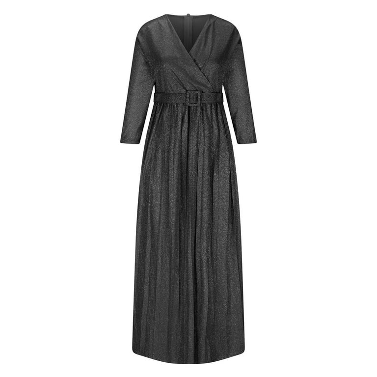 YUTK Engagement Dresses for Women,Women's Clothing Temperament Commuting Fashion Long Sleeve Hot Stamping Pleated Big Skirt Dress Black S, Size: Small