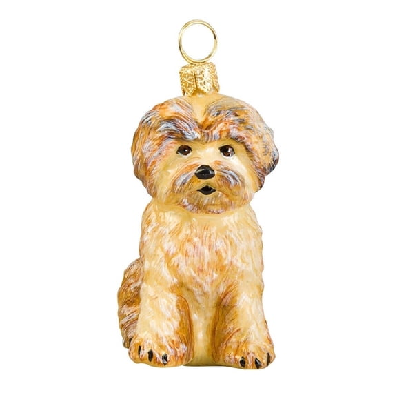 Tan Shorkie Sitting Dog Polish Blown Glass Christmas Ornament