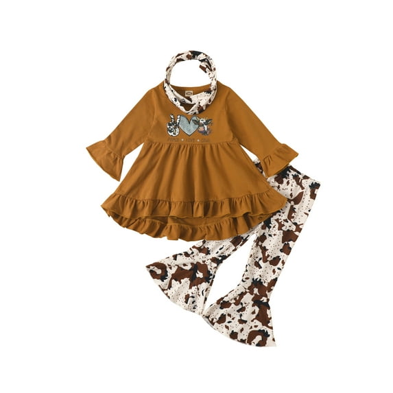 Seyurigaoka 3 Piece Baby Girl’s Clothes Fashion Cow Printed Ruffle Skirts Long Sleeve Tops and Flared Long Pants with Scarf for 6M-5Y Toddler Kids