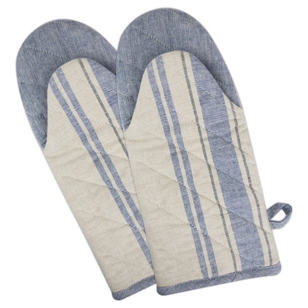 2Piece Denim Blue and Off White Striped Oven Mitt 6" x 13" Walmart