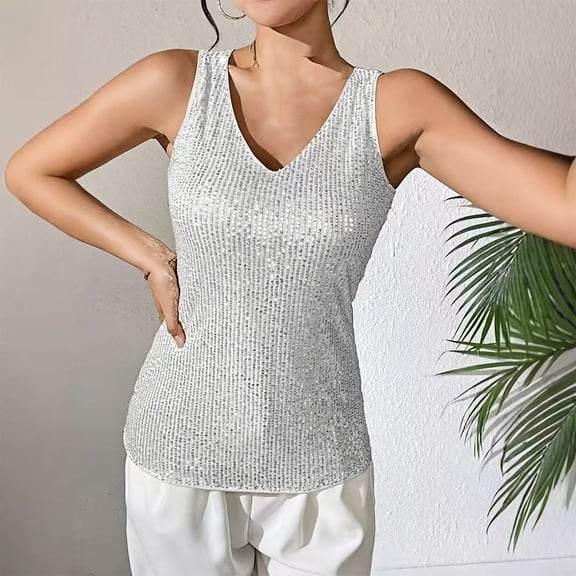 Timegard Sequin Tops for Women Sparkly V Neck Tank Tops Fitting Solid Color Sleeveless Party Club Tee Shirts
