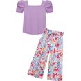 thumbnail image 2 of Oudiya Girls 2 Piece Outfits Puff Sleeve Square Neck Tops and Tie Belt Pants with Pockets Clothing Set for Kids 6-14Y, 2 of 7