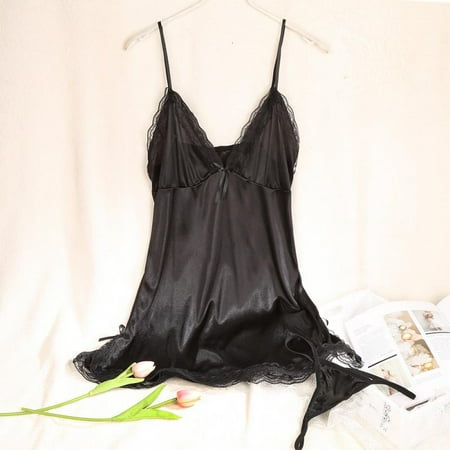 

Women s Thin Silk Sling Nightdress V-neck Solid Color Nightdress Solid Color Lace Sling Home Wear Pajamas