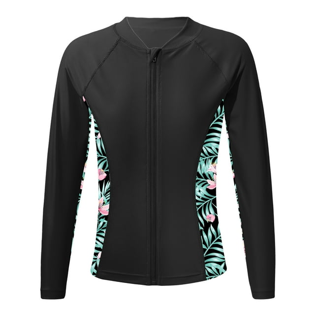 dPois Girls Front Zipper Rash Guard Shirt Tropical Patchwork Swimsuit Stretchy Jacket Bathing Suit Black 12