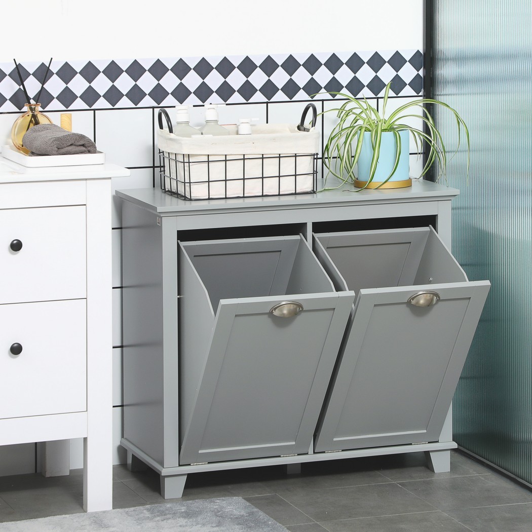 Tilt-Out Laundry Cabinet with 2 Hampers, Freestanding Laundry Sorter, Bathroom Storage Cabinet with Double Compartments, Gray