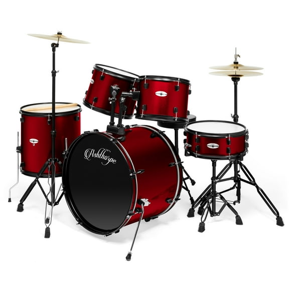 Ashthorpe 5-Piece Complete Full Size Adult Drum Set with Remo Batter Drumheads - Red