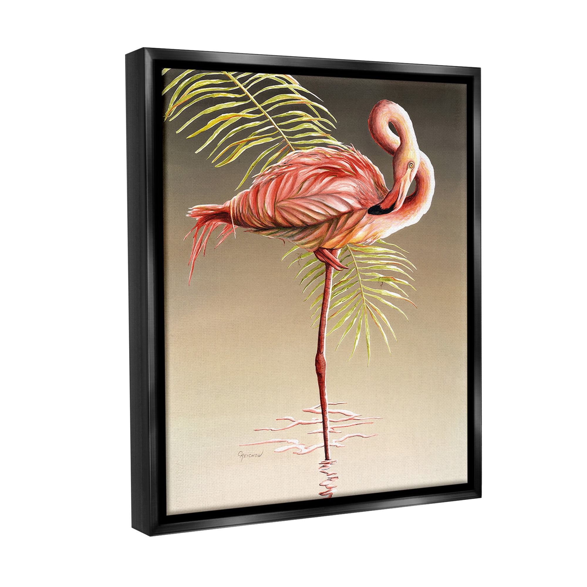 Stupell Industries Flamingo Twisting Gaze Animals & Insects Painting Black Floater Framed Canvas Art Print Wall Art, 17 x 21