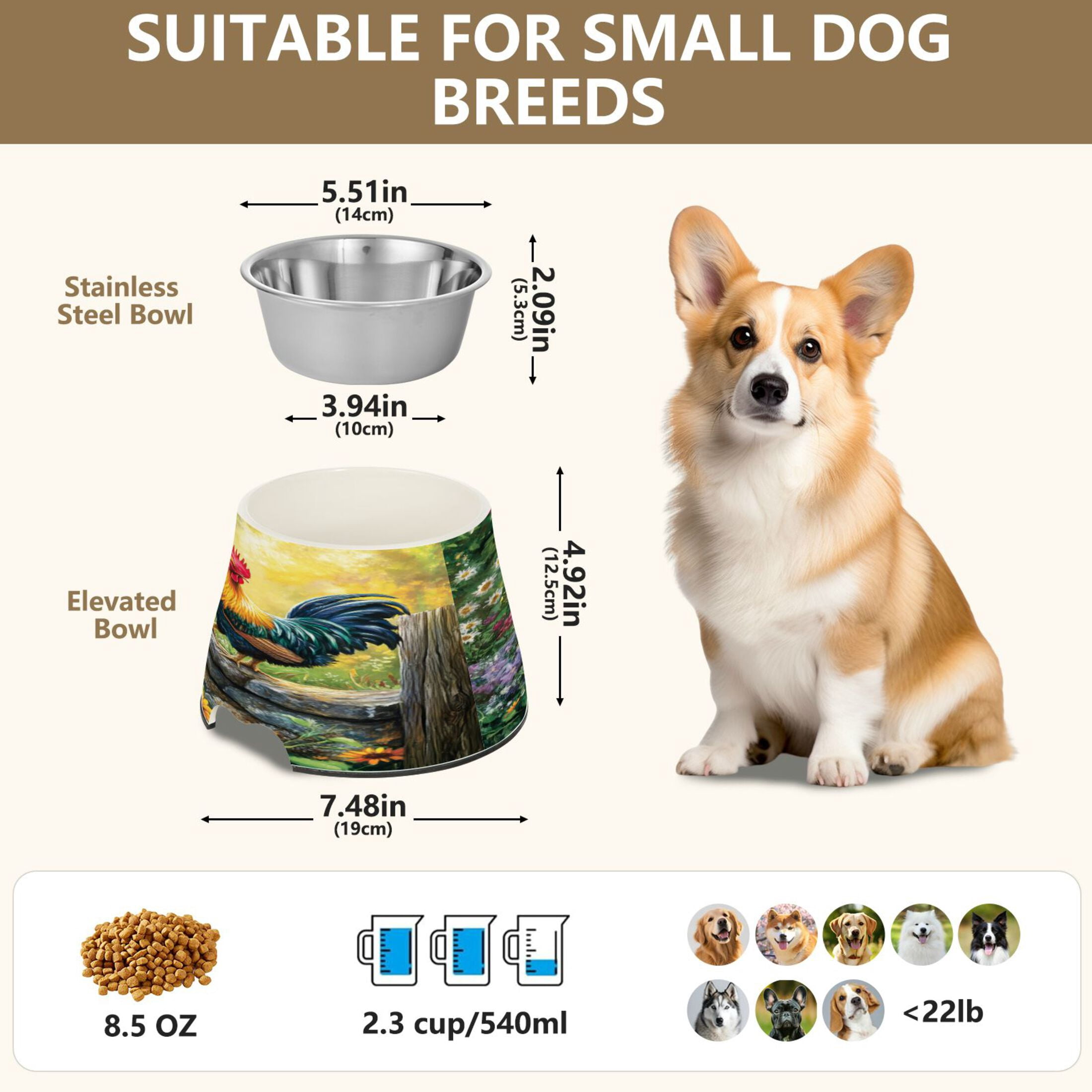 Raised Pet Bowl with Removable Stainless Steel Insert Anti-Slip No-Tip Dog Bowl for Small to Medium Pets Beautiful Rooster