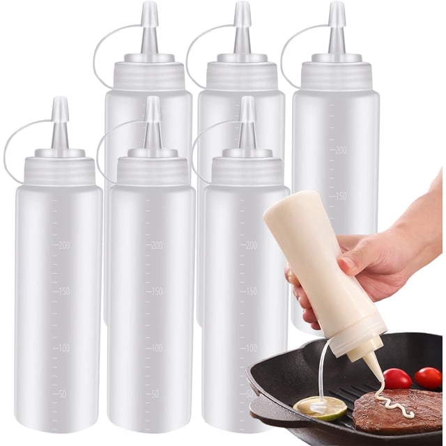 6 Pack (8 Oz) Botellas Exprimibles Dispensador para Salsa Botellas de Plástico para Condimentos con Tapa Giratoria y Medida- Perfecto para Salsa de Chili, Aceite, Glaseado y Otros Condimentos