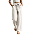 thumbnail image 6 of Women's High Waist Paperbag Bow Wide Leg Pants, Drawstring Flowy Pocket Polyester Trousers, Soft Airy Casual Bottoms for Vacation Social Gatherings Daily | TruHer,Beige L, 6 of 9