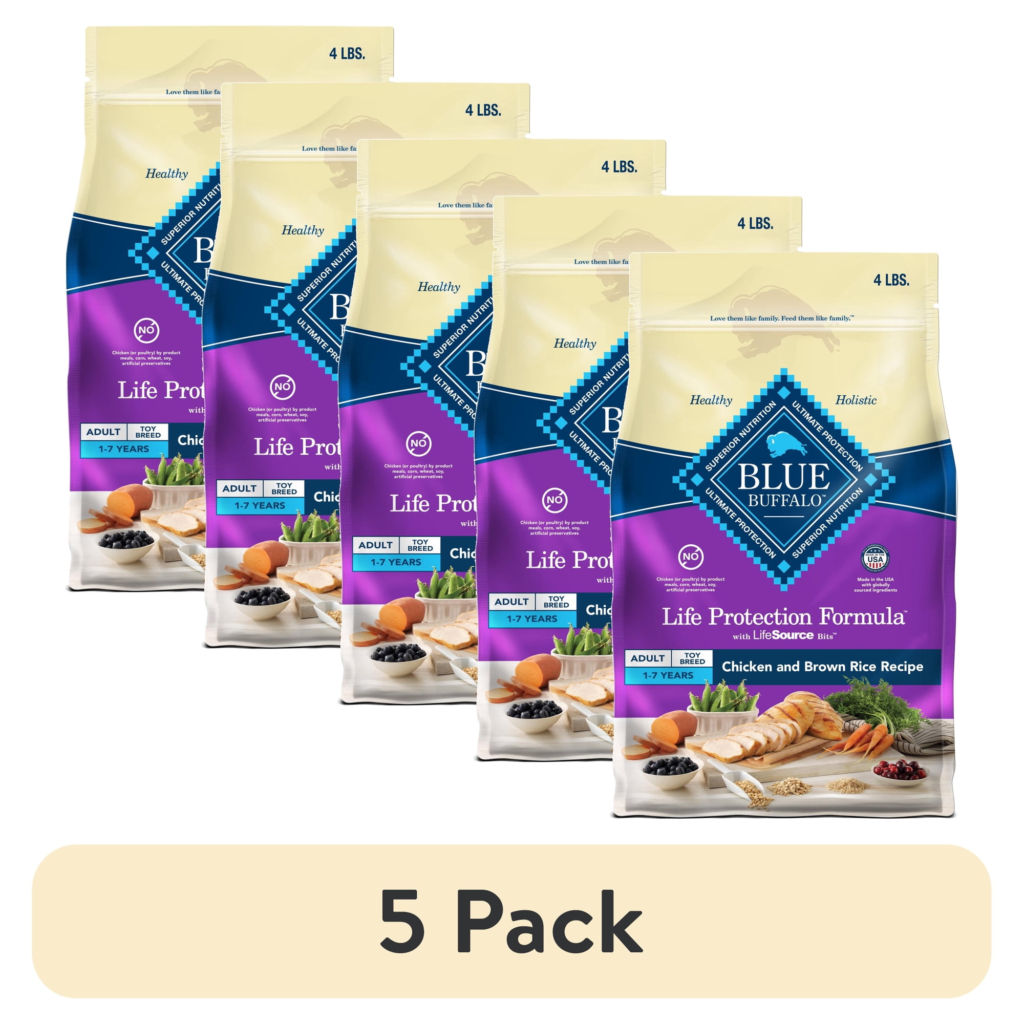 (5 pack) Blue Buffalo Life Protection Toy Breed Adult Dry Dog Food Chicken & Brown Rice 4lb Bag