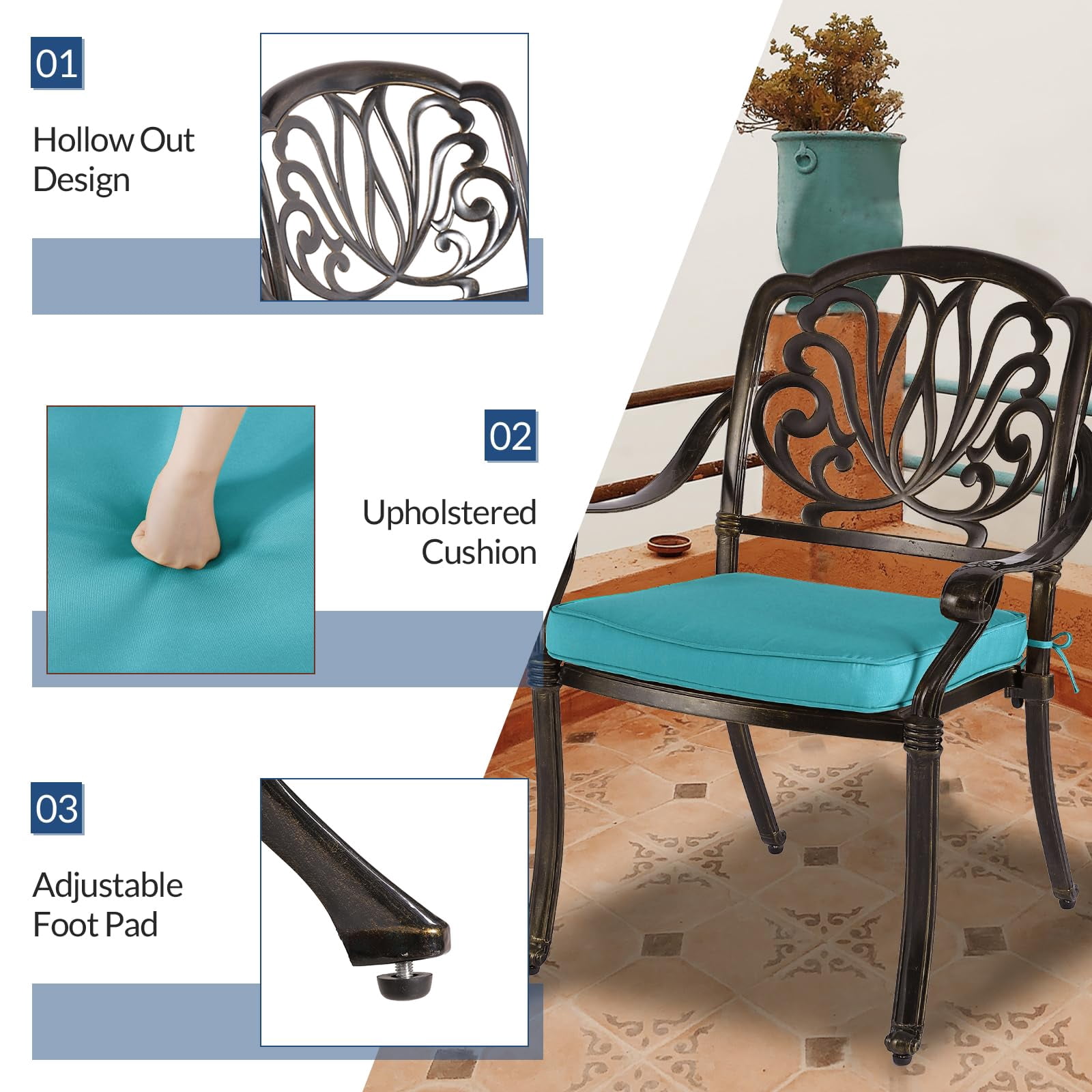 9-Piece Patio Cast Aluminum Dining Set, Outdoor Dining Furniture Set for 8 Person, Includes 84" Oval Table and 8 Cushioned Chairs with Umbrella Hole for Patio Deck Garden, Ocean Blue