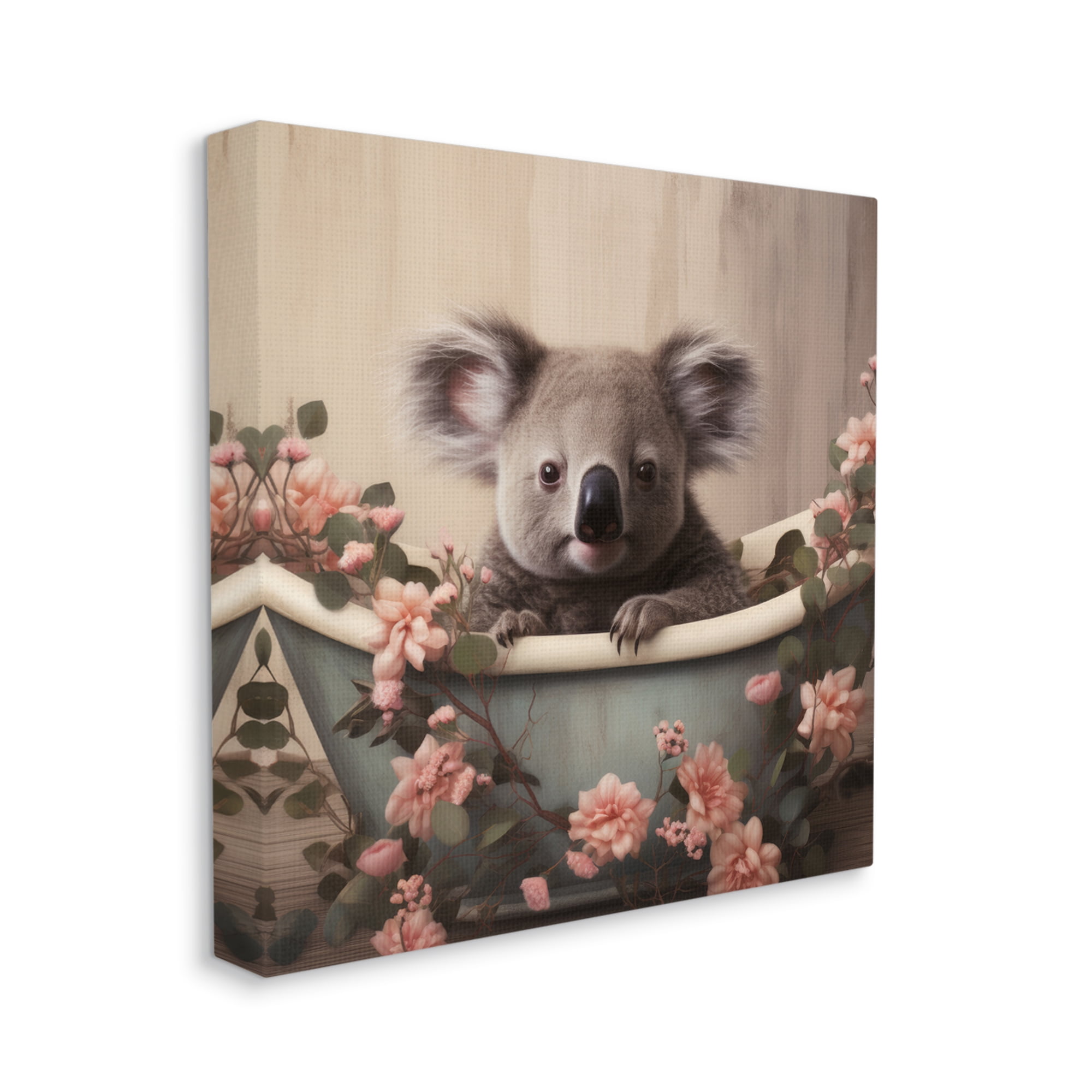 Stupell Industries Koala Bathroom Pink Florals Animals & Insects Painting Gallery Wrapped Canvas Art Print Wall Art, 30 x 30