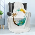 thumbnail image 4 of Beach Soft Flannel Fleece Blanket, Tropical Paradise Summer Season Palm Tree Silhouette with Fish and Sun, Cozy Plush for Indoor and Outdoor Use, 60" x 80", Turquoise Marigold Brown, by Ambesonne, 4 of 5